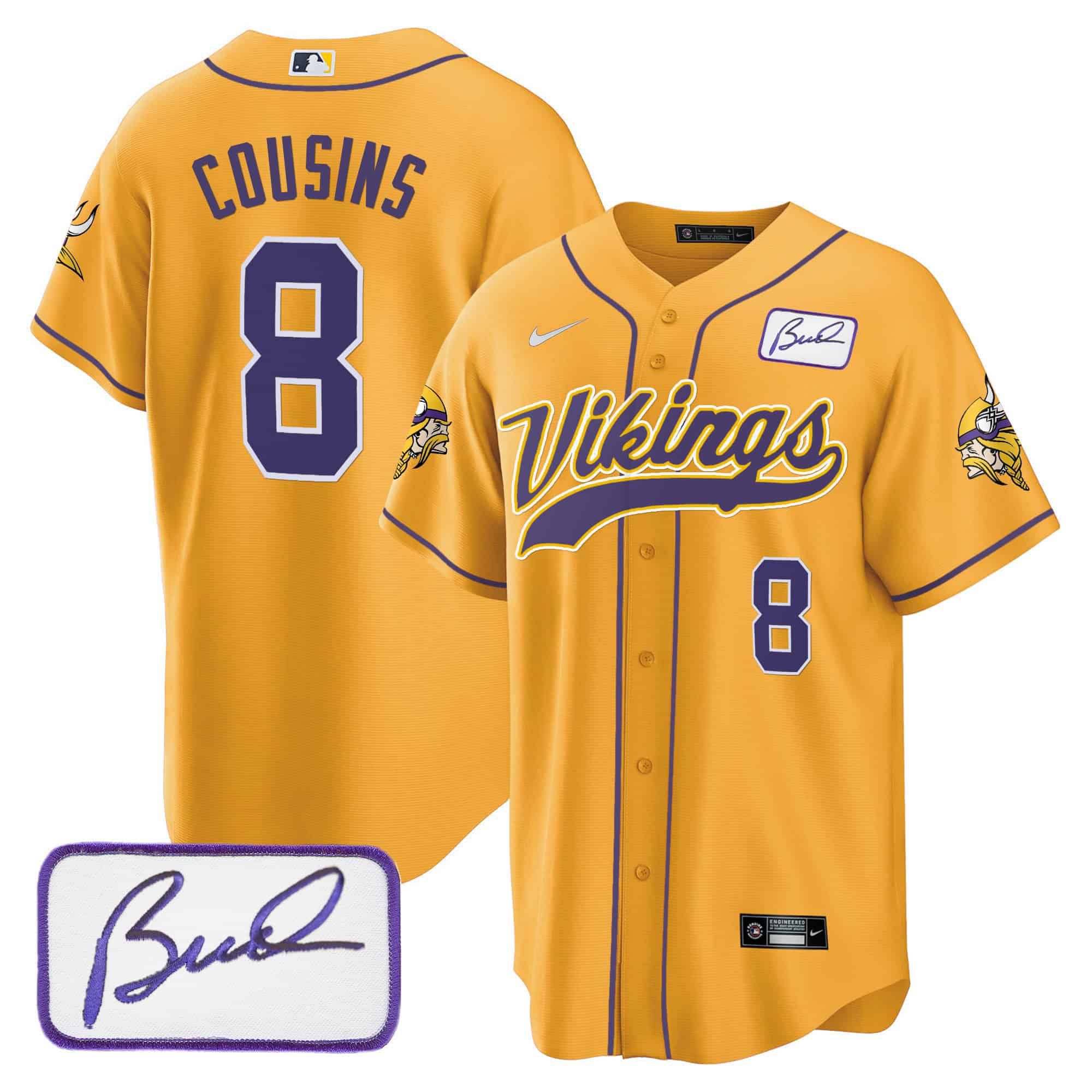 Men Minnesota Vikings #8 Cousins Yellow 2024 Nike Bud Grant Patch Classic Baseball NFL Jersey